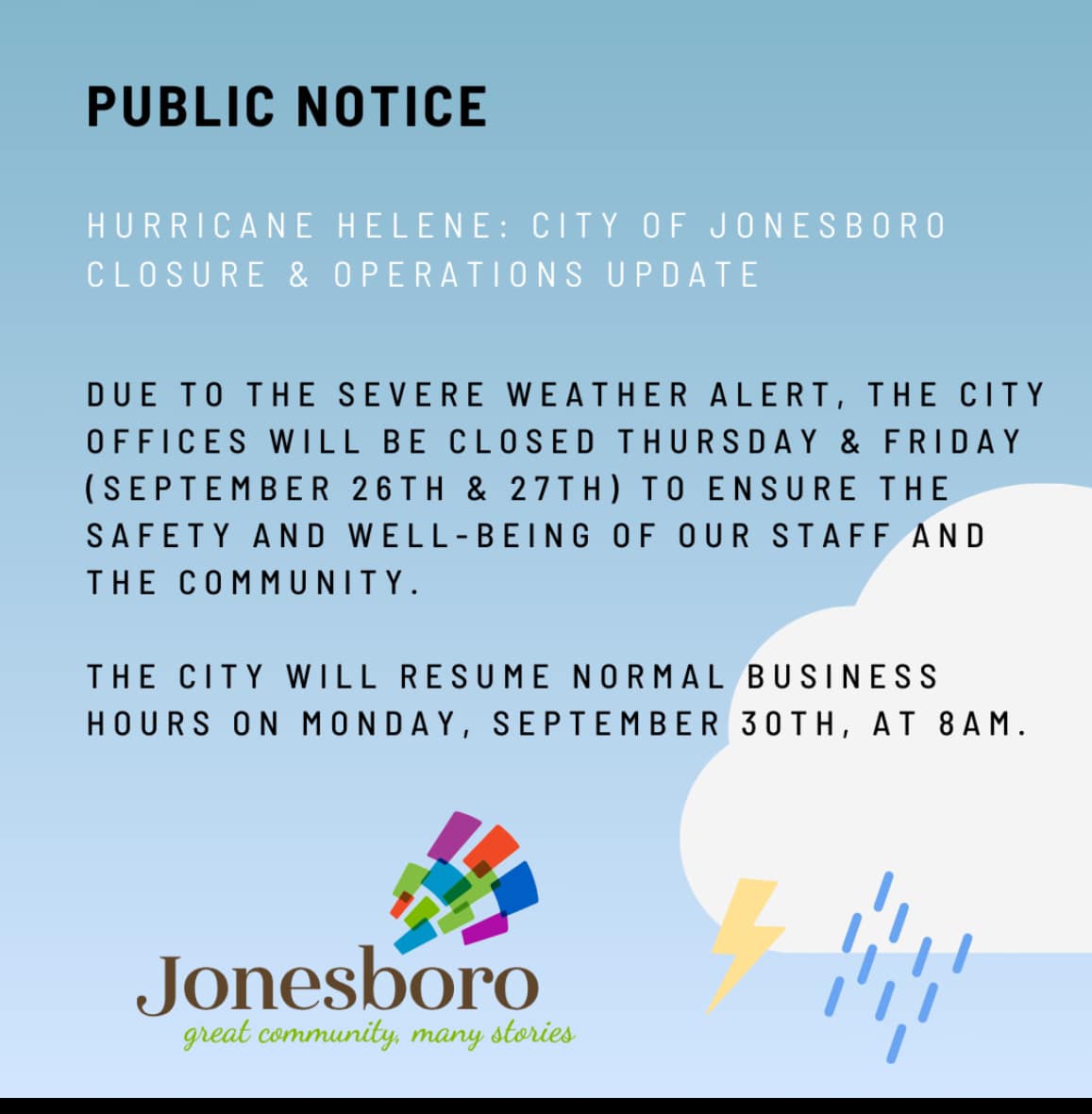 City of Jonesboro GA Offices Closed - September 26 and September 27 2024